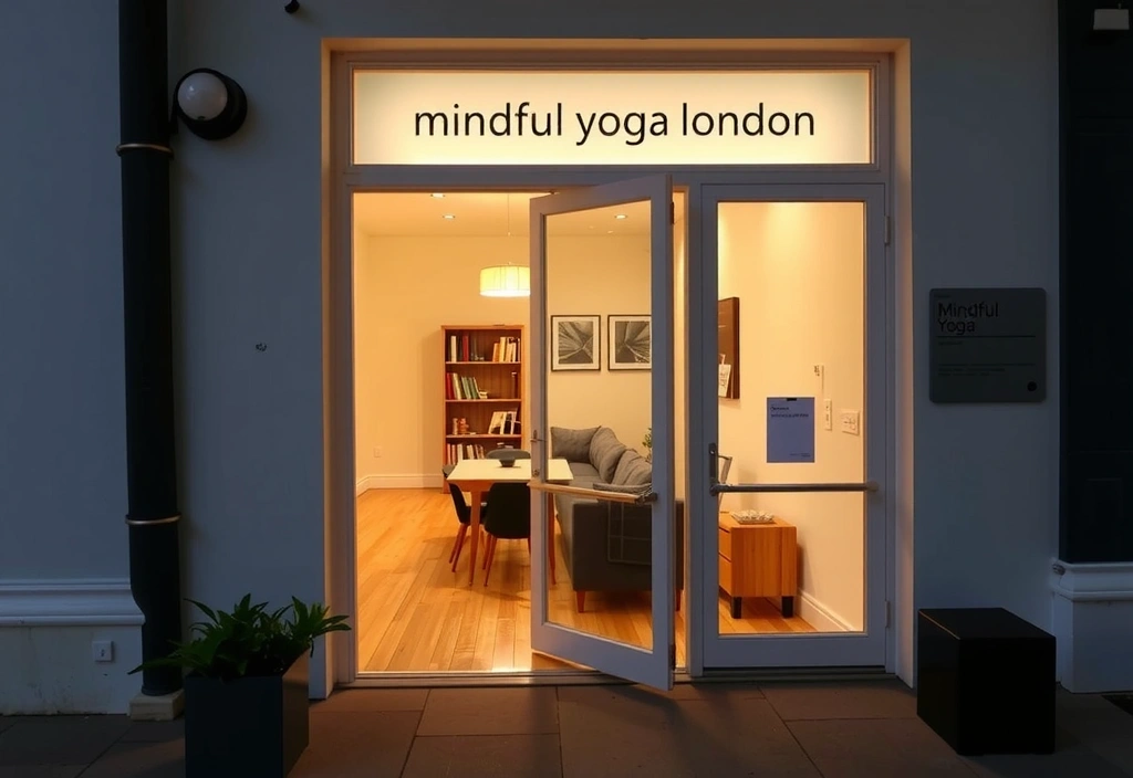 A warm and inviting image of the Mindful Yoga London studio entrance, with natural wood and soft lighting, suggesting a welcoming atmosphere.