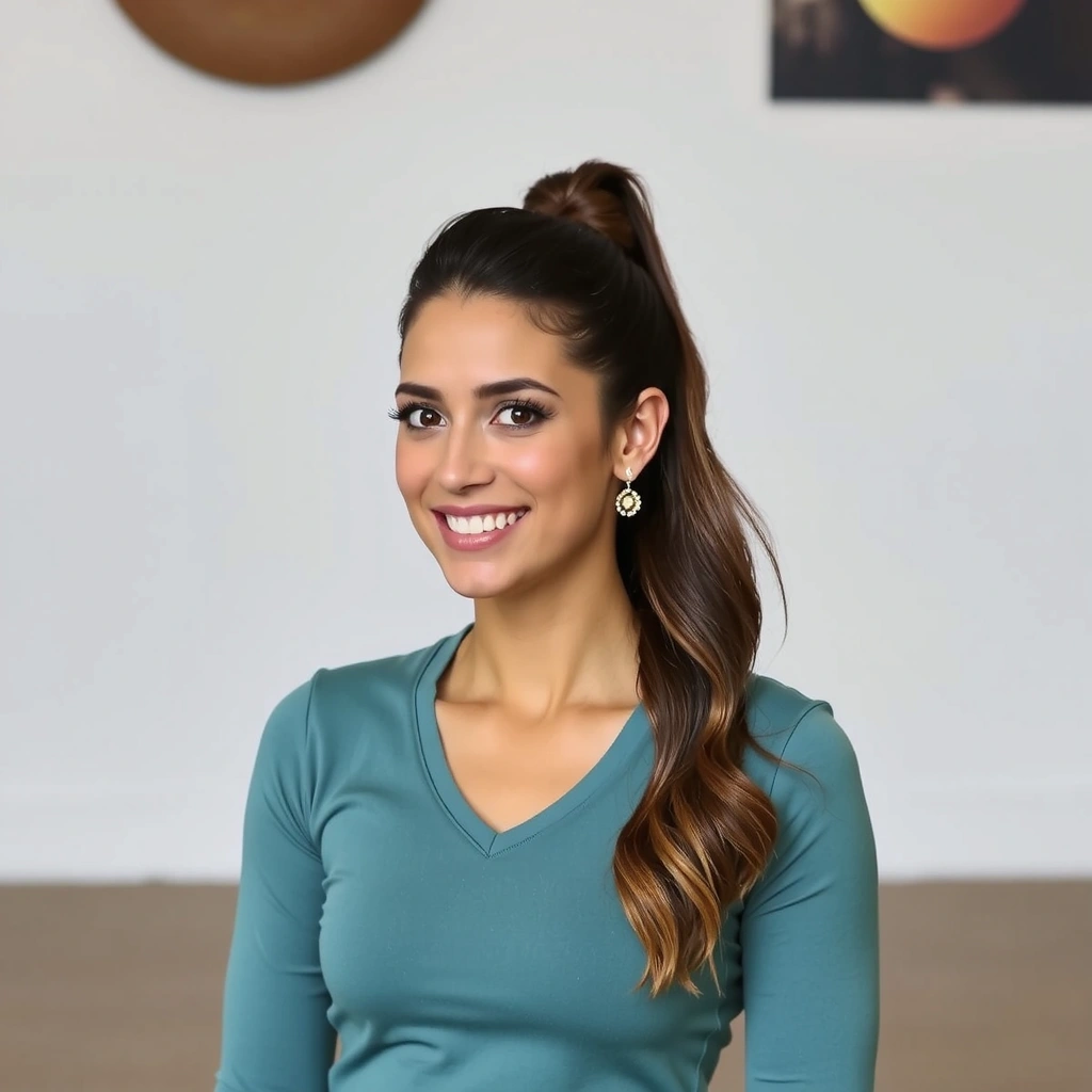 Professional portrait of Elena Petrova, a yoga instructor with a vibrant and encouraging demeanor.