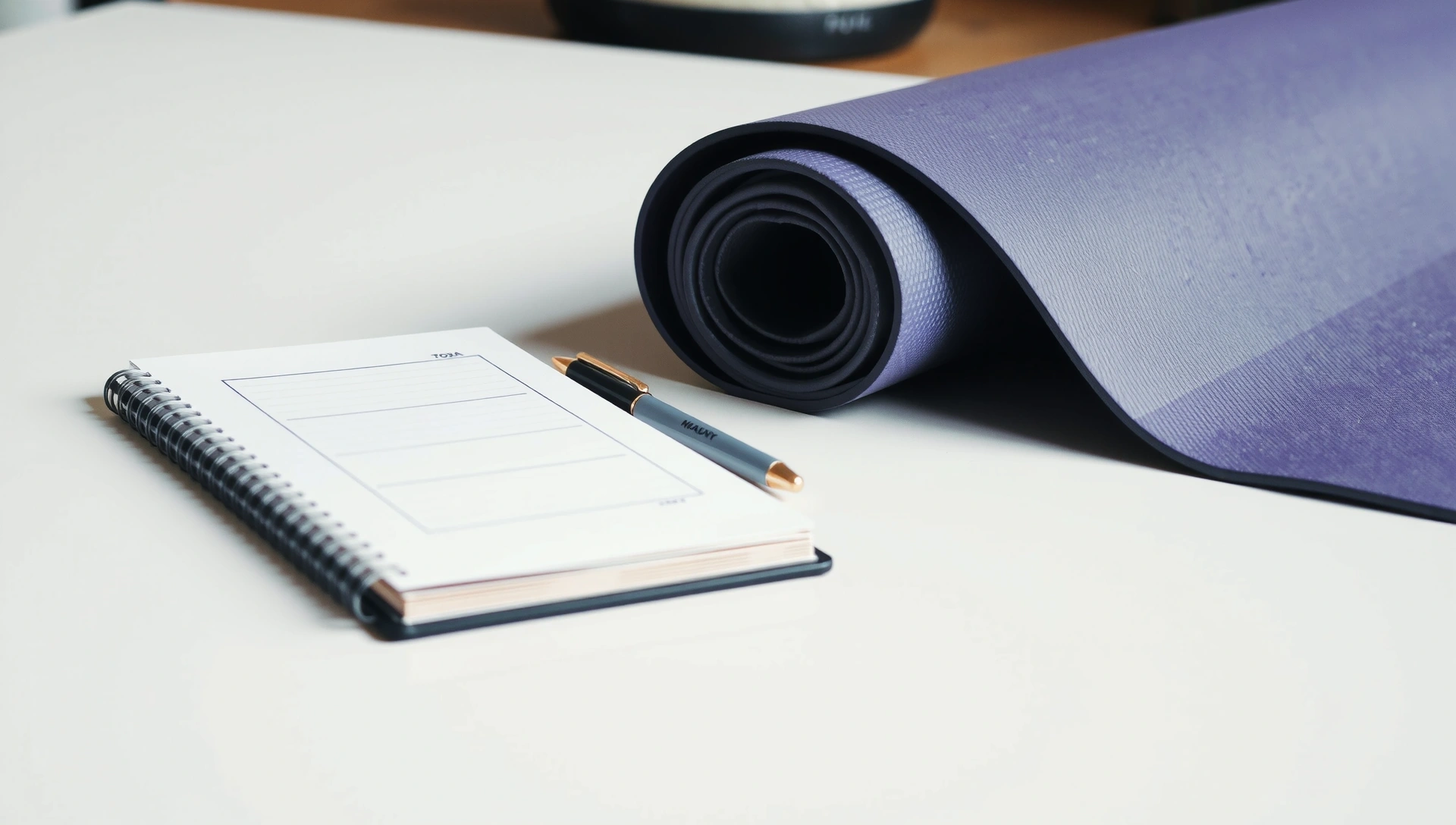 A tranquil scene with a notebook, pen, and yoga mat, symbolizing learning and practice.