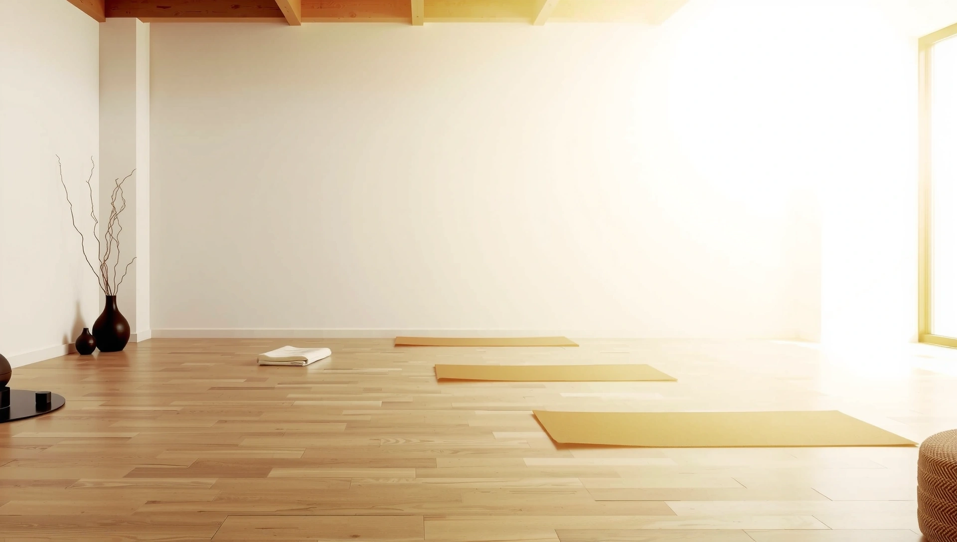 A serene yoga studio bathed in soft, warm light, creating a welcoming and calming atmosphere. The space features natural wood elements and soft textures, no people, no text, no inscriptions.