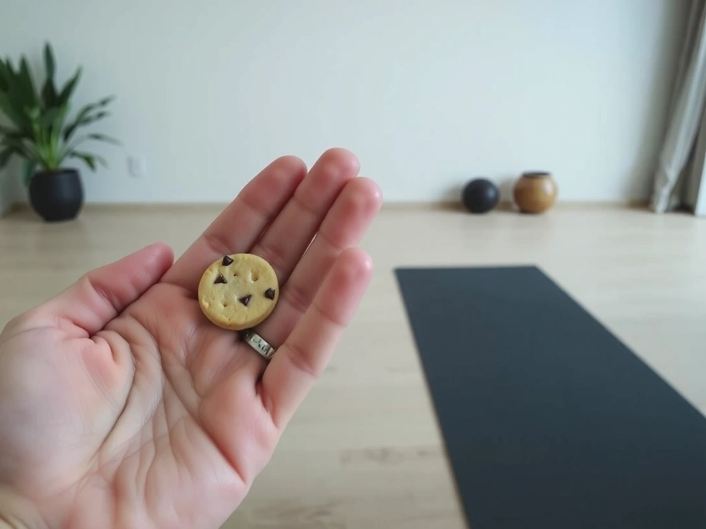 A serene image of a hand holding a small cookie, symbolizing digital data, with a blurred background of yoga studio, representing data privacy and user experience.