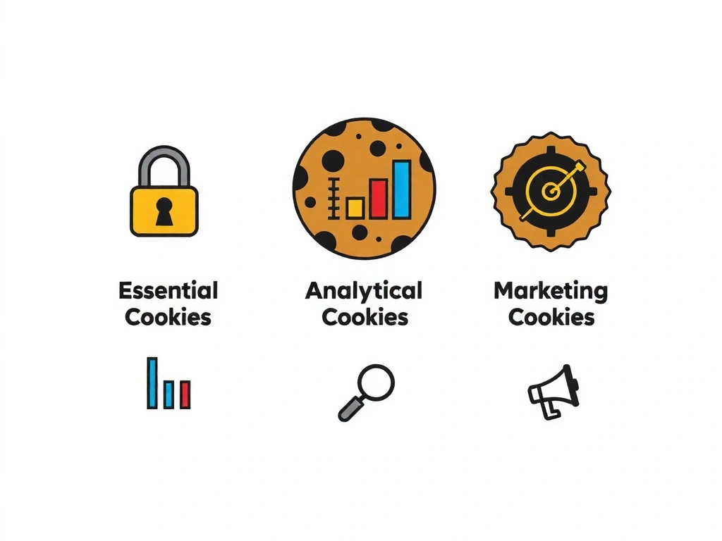 Illustration of different types of cookies (essential, analytical, marketing) represented by various digital icons or symbols, laid out on a clean surface.