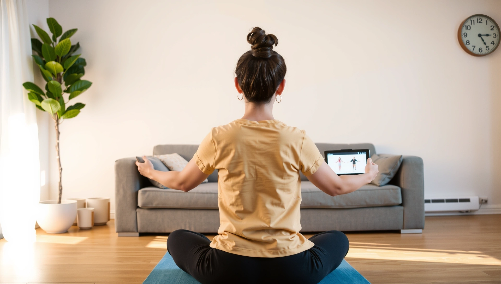 Person practicing yoga at home with a tablet